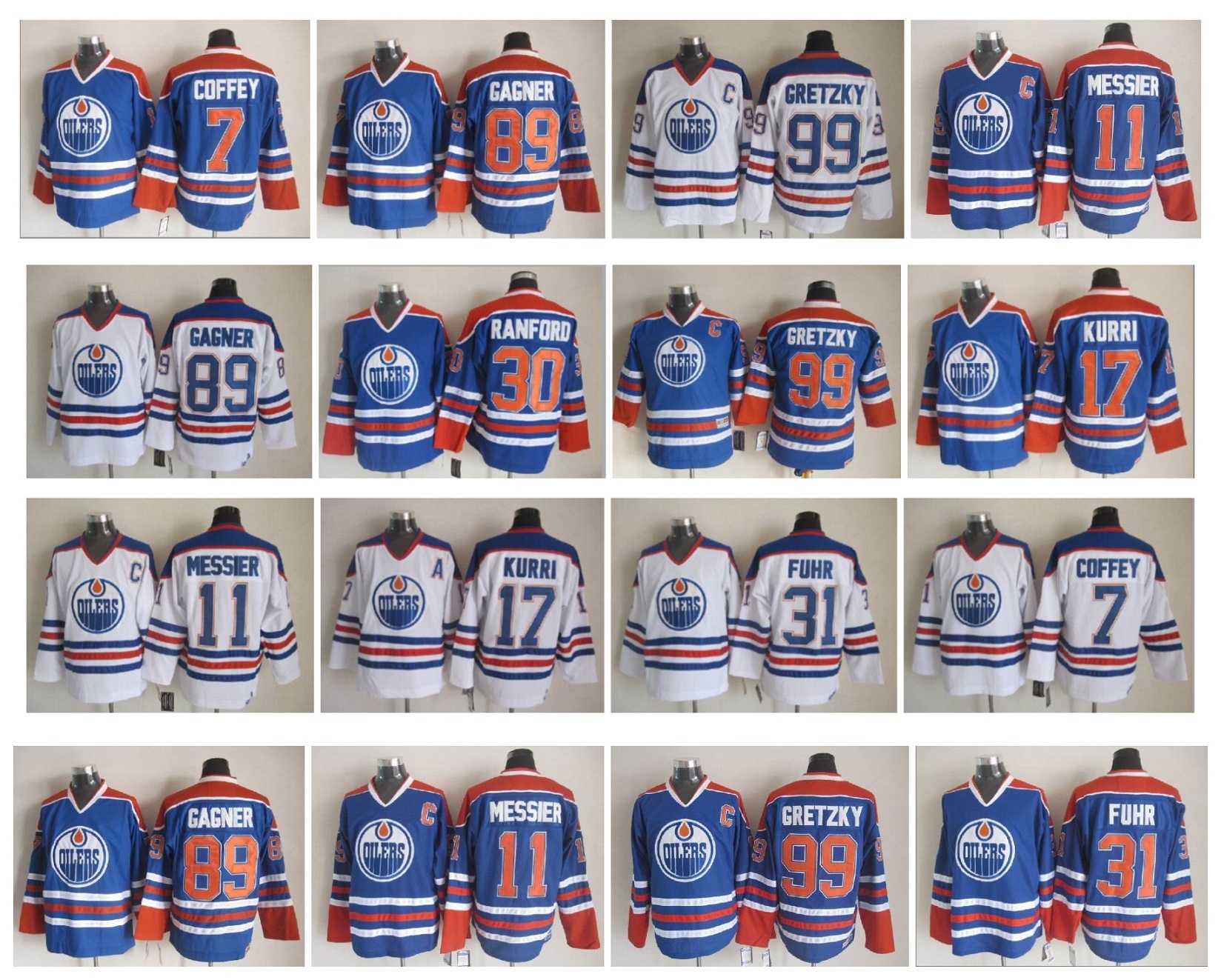 

Retro Edmonton Oilers Jerseys 99 Wayne Gretzky Paul Coffey 17 Jari Kurri 31 Grant Fuhr 11 Mark Messier 30 Bill Ranford 89 Gagner Hockey, As pic