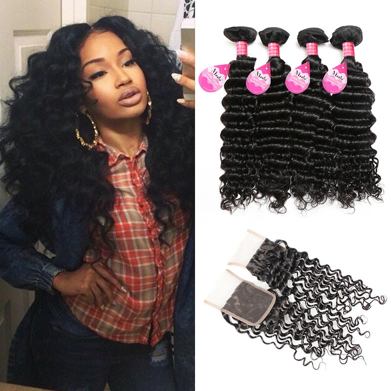 

Meetu Mink Brazilian Malaysian Indian Peruvian Deep Wave Human Hair Weave Bundles With Closure Wholesale 8-28inch for Women All Ages Natural Black, Natural color