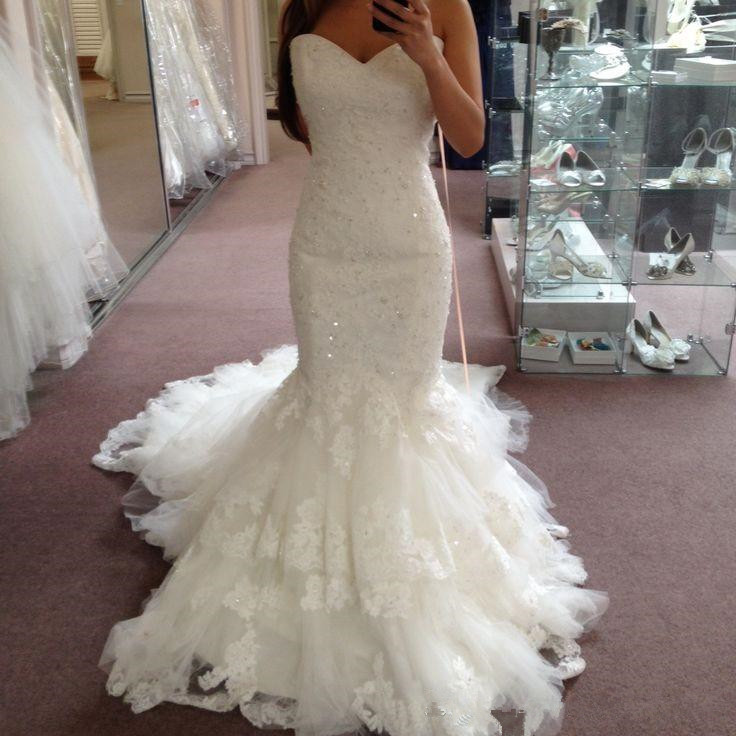

Cheap Elegant Lace Mermaid Wedding Dresses 2018 Appliques Beads Sequins Sweetheart Tiered Skirts Wedding Dress Plus Size Bridal Gowns Custom, White