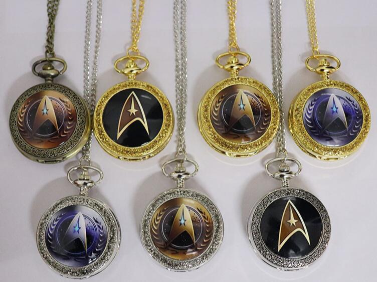 

Wholesale 100pcs/lot Mix 7Colors New Arrival Star Trek Theme Steampunk Vintage Quartz Pocket Watch Fashion Men space Watches Necklace PW036, Silver 2