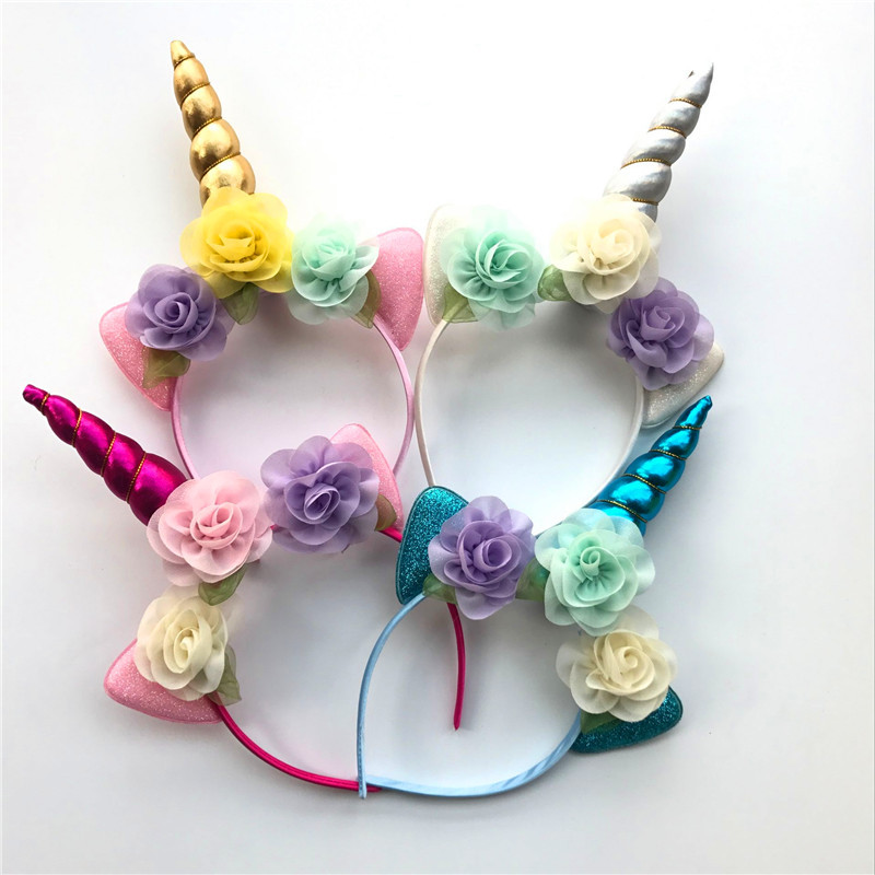 

5 color Unicorn Headband Flowers Adult Girls Floral Hairband with Glitter Metallic Unicorn Angle Ears Kids Party Hair Accessories, As pic