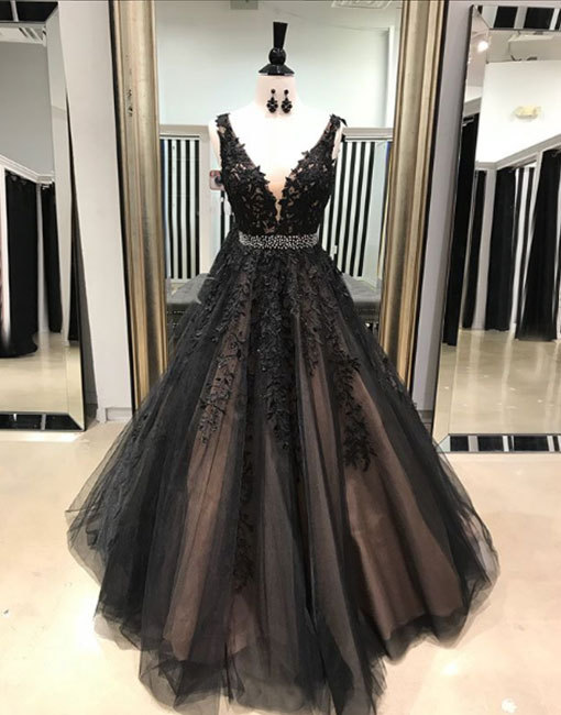 

Black Lace Evening Dress Cheap V neck Open Back Real Photos Bling Crystal Beaded Sash A line Prom Formal Gowns Dress For Women, Same as picture
