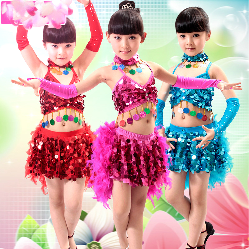 

children's performance dress girls modern dance Latin dance performance skirt wholesale young feather dresses, Red