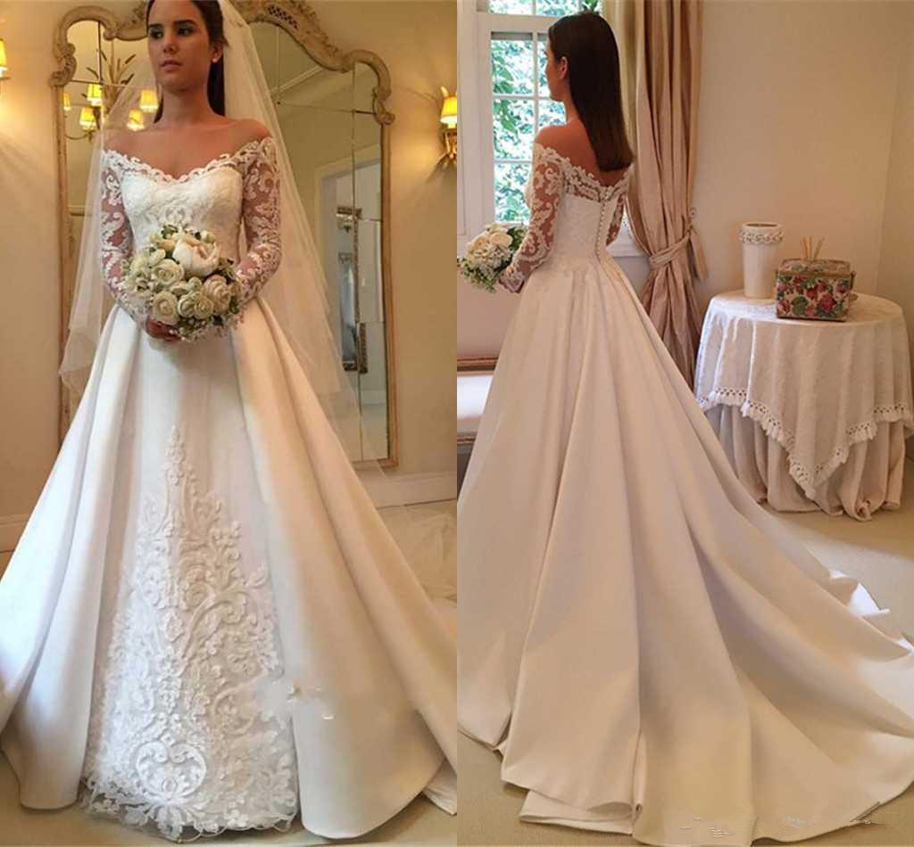 

Long Sleeve Wedding Dresses Off Shoulder Handmade Appliques Lace Satin A Line Sweep Train Bridal Gowns Custom Plus Size, Red & white