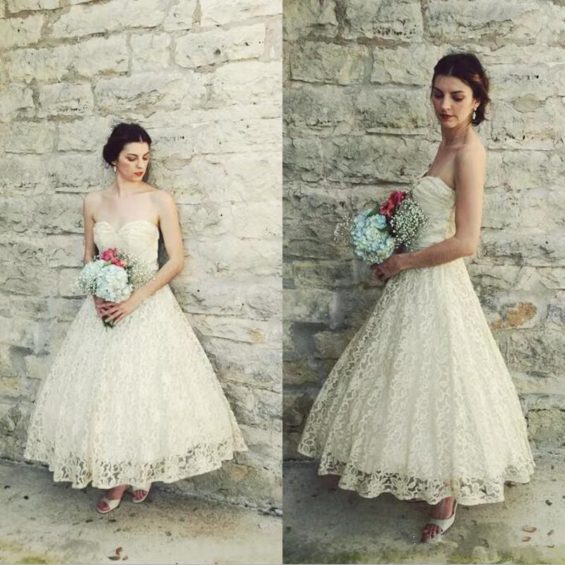 

50s Vintage Retro Wedding Dresses Ankle Length Sweetheart Full Lace A Line Short Bridal Gowns Classic Simple Design Custom Made, Ivory