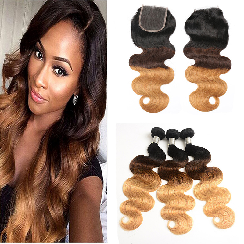 

3 Tone 1B/4/27 Body Wave Ombre Bundles with Lace Closure Dark Roots Brown Honey Blonde Ombre Peruvian Hair Weaves with Closure, 1b/30#