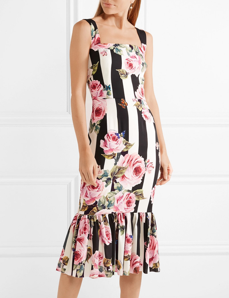 

Flower Print Women Mermaid Dress Square Collar Sleeveless Dresses 03K608, As pictures