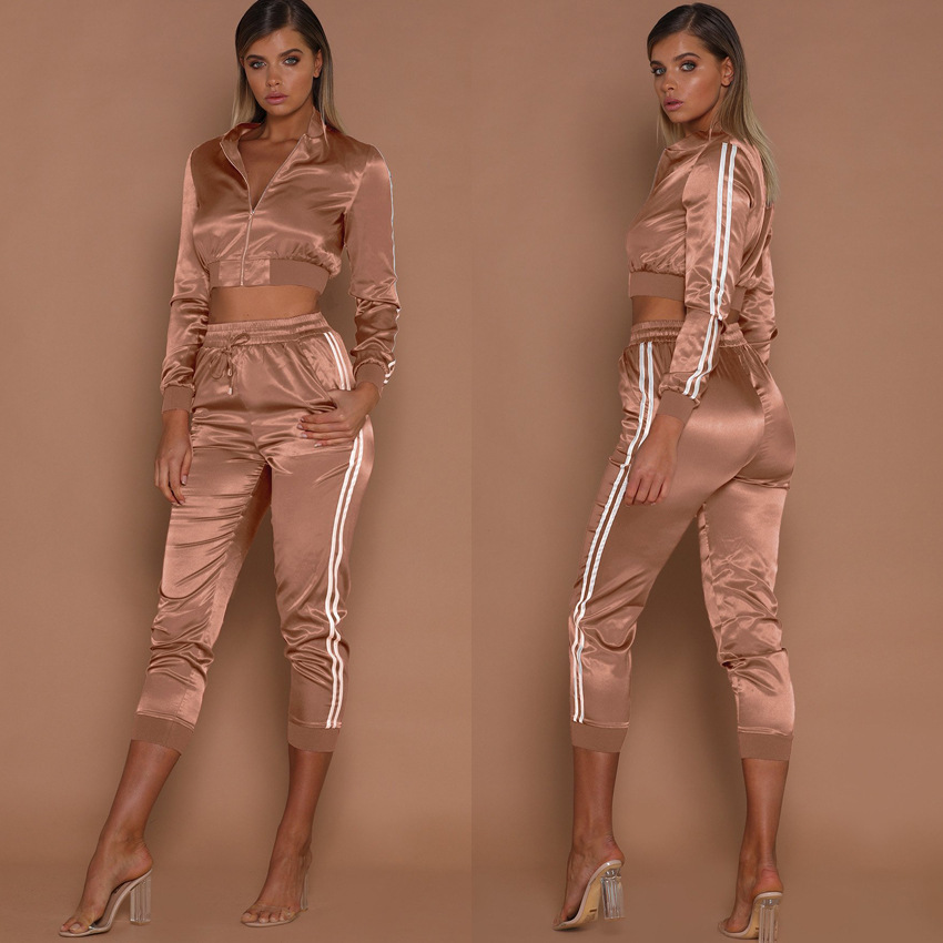 

Women Tracksuits Spring Summer Sports Clothing Sets Short Stripes Sports Jackets Crop Pants 2pcs Suits Slim Fits Casual Outfits, Pink