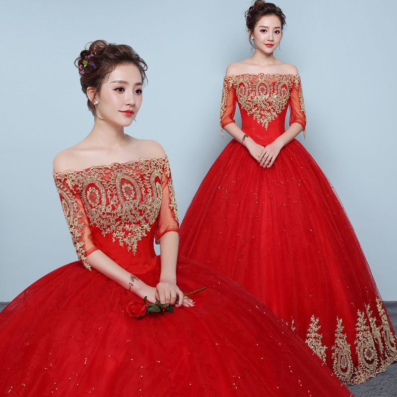 

Vintage Ball Gown Boat Neck Wedding Dresses 2018 New Fashion Lace Half Sleeve Gold Appliques Customized Plus Size Bridal Dress, Red