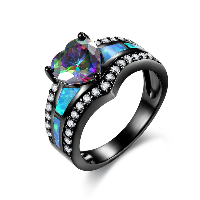 Fashion Opal Rainbow Love Heart Prong Setting Cubic Zirconia Black Gold Plated Rings Size 6/7/8/9/10 Women Men's Engagement Gift