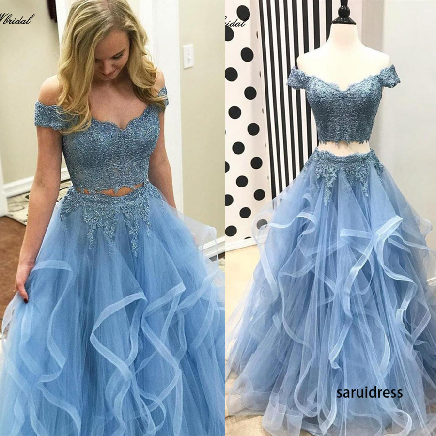 Custom Made Fluffy Tulle Formal Evening Dresses Baby Blue Two Piece Prom Dresses Off Shoulder Beads Lace Appliques Formal Party Gown