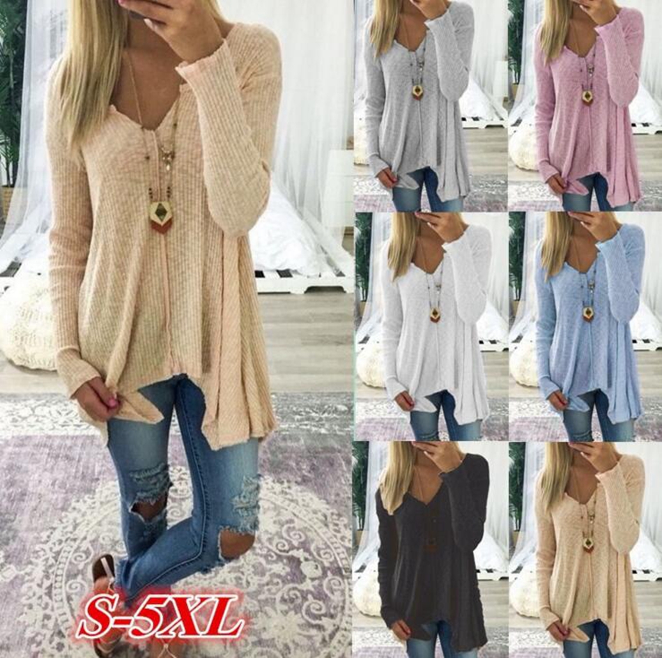 

Long Sleeve Cardigan Knitted Sweater Long Sleeve V Neck Jumper Pullover Blouse Loose T Shirt 6 Colors 5pcs OOA3866, As picture