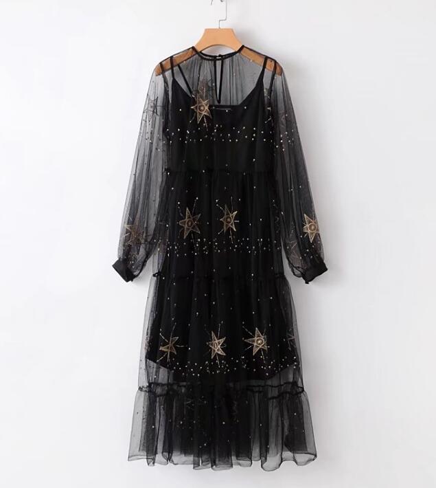 

The new European and American vintage fashion women's dress two-piece set of pentagram star embroidered dress free shipping, Black;gray