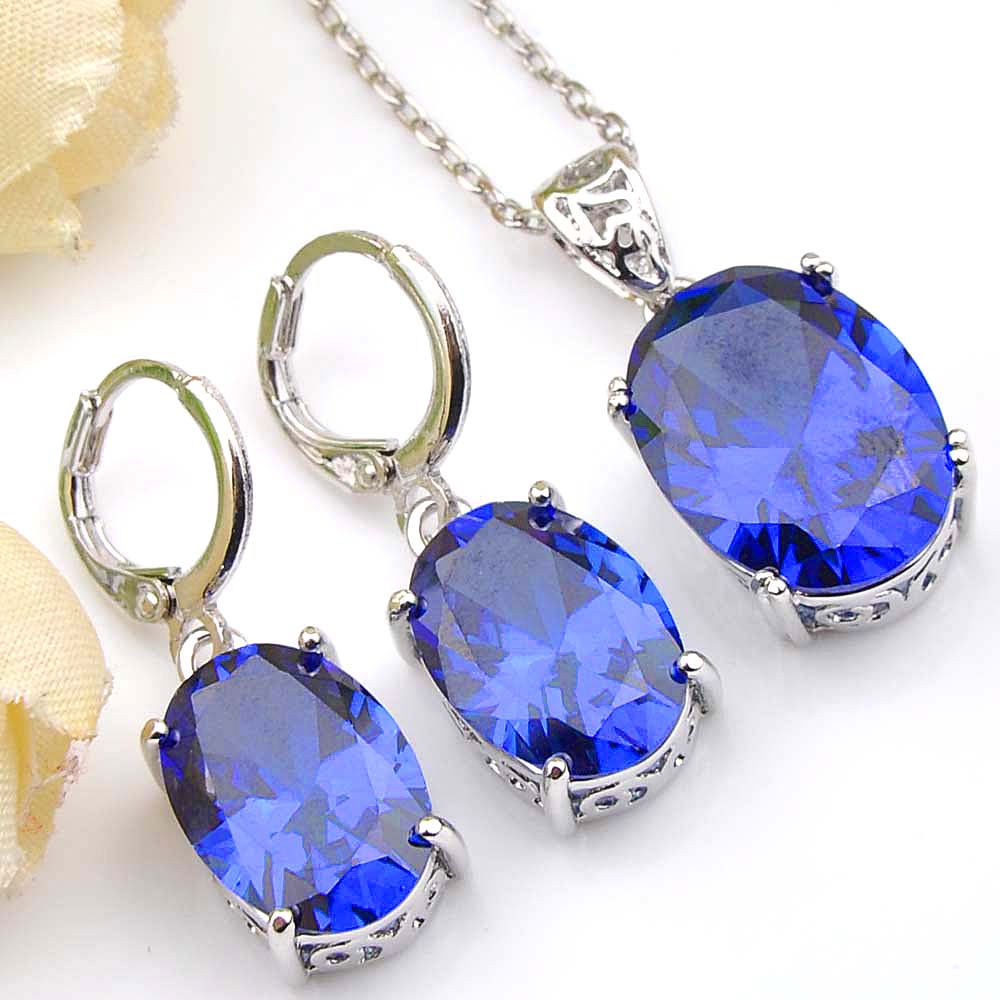 

Fashion Crystal Blue Oval 6 Sets Cubic Zirconia 925 Sterling Silver for Women Pendants Necklace Earring Wedding Jewelry Sets Shipping, Dark blue