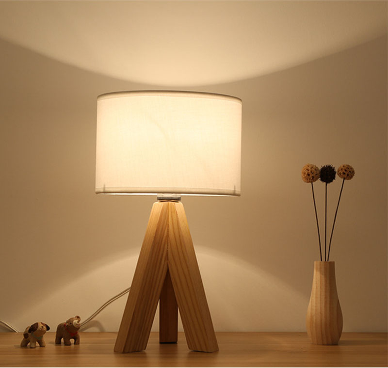 E27 Wooden Three Feet Table Lamp With Fabric Lampshade Bedside Desk Lights-image-426323467