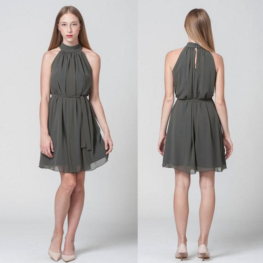 

Dark Gray Short Prom Dresses 2018 New Fashion High Neck Chiffon Pleats Aline Short Party Dresses Custom Made, Sage