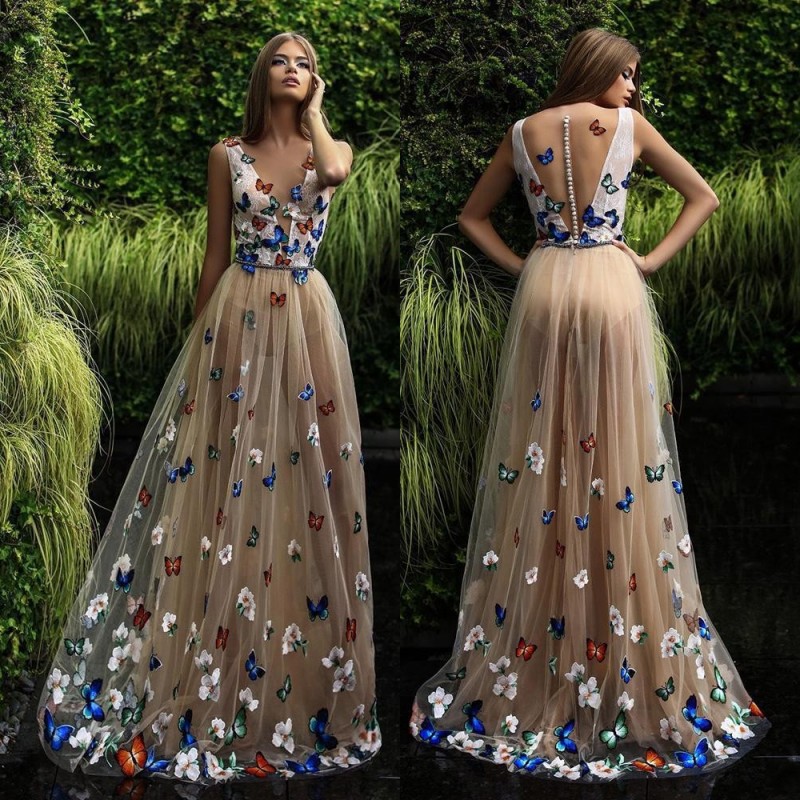 Robe de soirée avec des appliques de fleurs de papillon, col transparent, sans manches, longue robe de bal, boutons recouverts au dos, robe de so