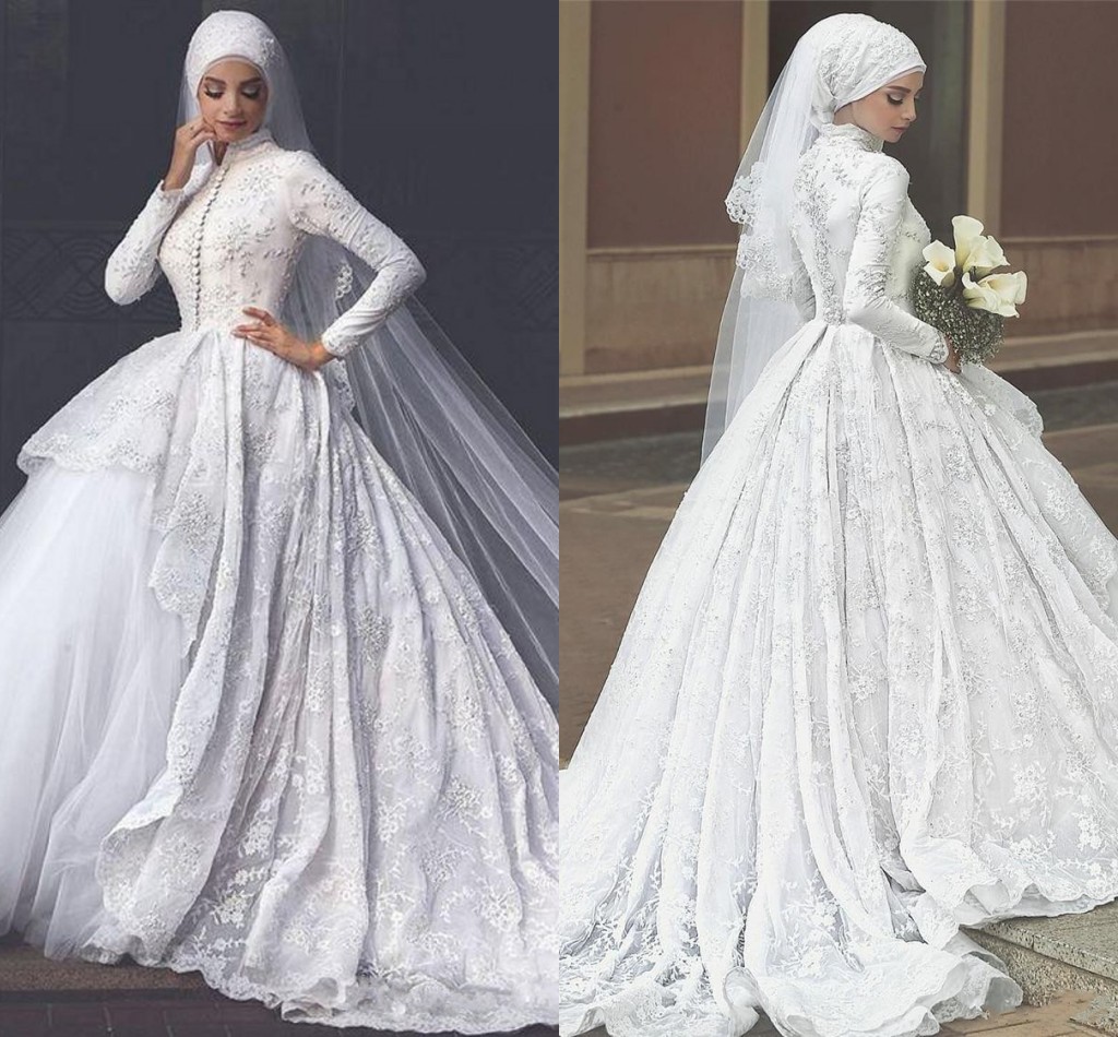 

Vintage Muslim Wedding Dresses High Neck Long Sleeves Appliques Lace Tulle Ball Gown Bridal Dresses Church Wedding Chapel Train, White