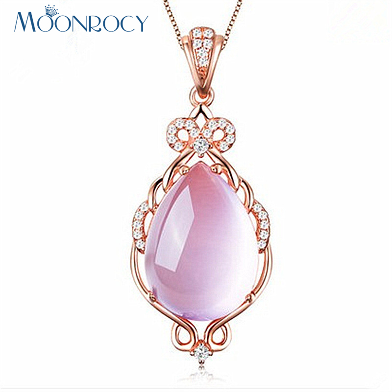 

whole saleMOONROCY Free Shipping Jewelry Rose Gold Color Ross Quartz CZ Crystal Pink Opal Jewelry Necklace for Women Girls Gift Choker