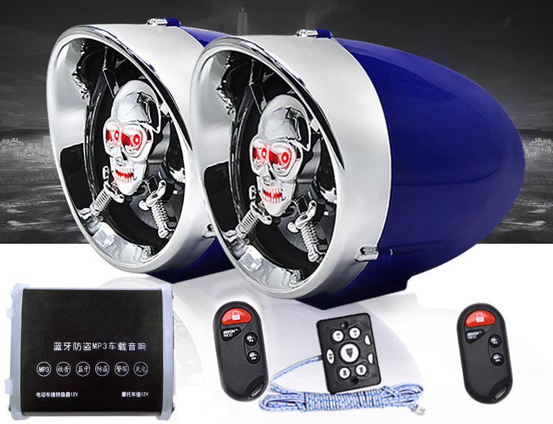 Blue 2.5" Motorcycle Remote Control LED Power Amplifier Speakers MP3 USB TF FM