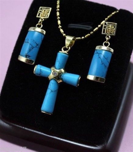 

Gorgeous Turquoise jade "cross" Pendant Necklace + Earrings<<<free shipping, Dark blue