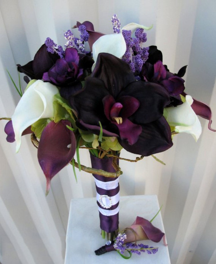 

Wedding Bouquet - Brides bouquet - Plum real touch calla lily orchid Bridal bouquet , Silk Flower Bouquet, Bridal Accessories