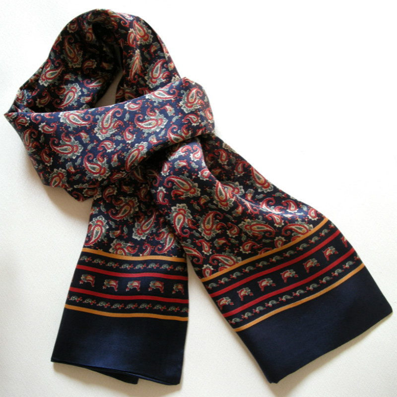 New Vintage Pure Silk Scarf Men 2015 Fashion Cashew Flowers Pattern Print Double Layer Silk Satin Neckerchiefs C19032501