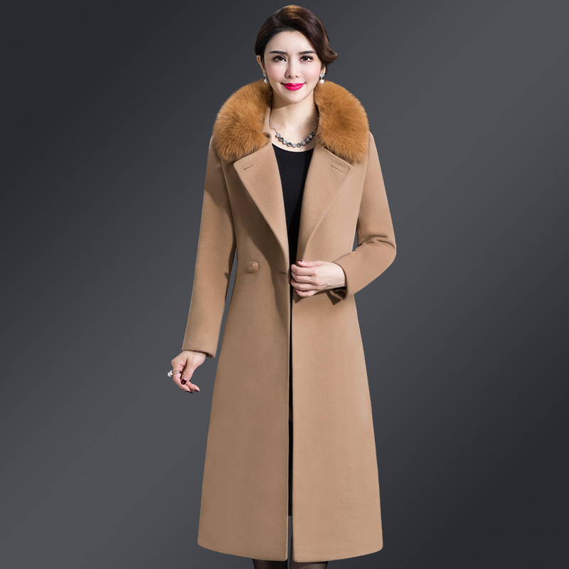 

2018 winter wool coat women 5XL long fur collar double-faced cashmere coat Blends Sashes Slim Pockets Outerwear, Black