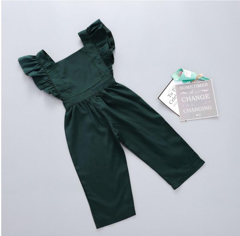 

Baby Girl Flying Sleeves Jumpsuit with Braces Baby Summer Deep Green Pants with Suspenders Kids Children Trousers with Straps ZHT 040, Bottle green