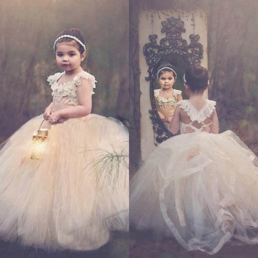 

Ball Gown Lace Flower Girls Dresses Toddler Tutu Cheap Cap Sleeve Cross Back Puffy Little Girls Kid First Communion Dresses, Light yellow