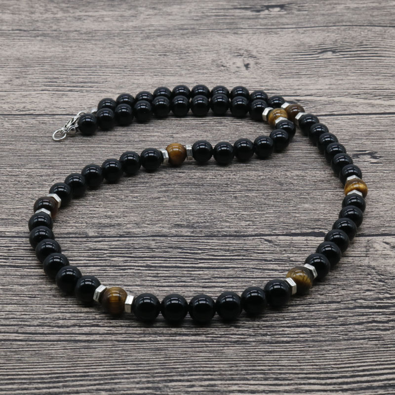 

2018 Fashion Black Onyx and Tiger Eye Stone Men Beaded Necklace Natural Stone Necklace For Men AU-02, Silver