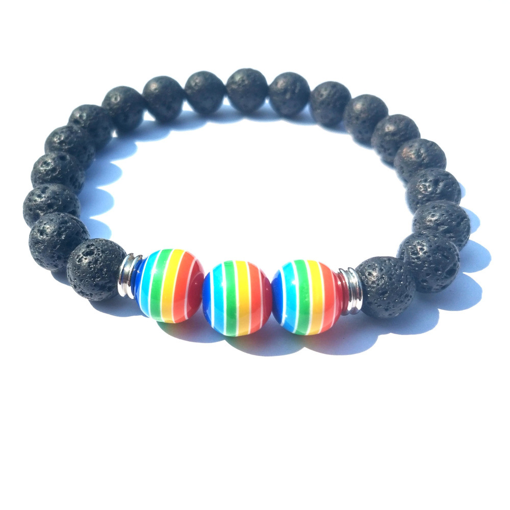 10MM arc-en-ciel rayé 8mm perles de pierre de lave noire Bracelet élastique diffuseur d'huile essentielle bracelets roche volcanique perles corde