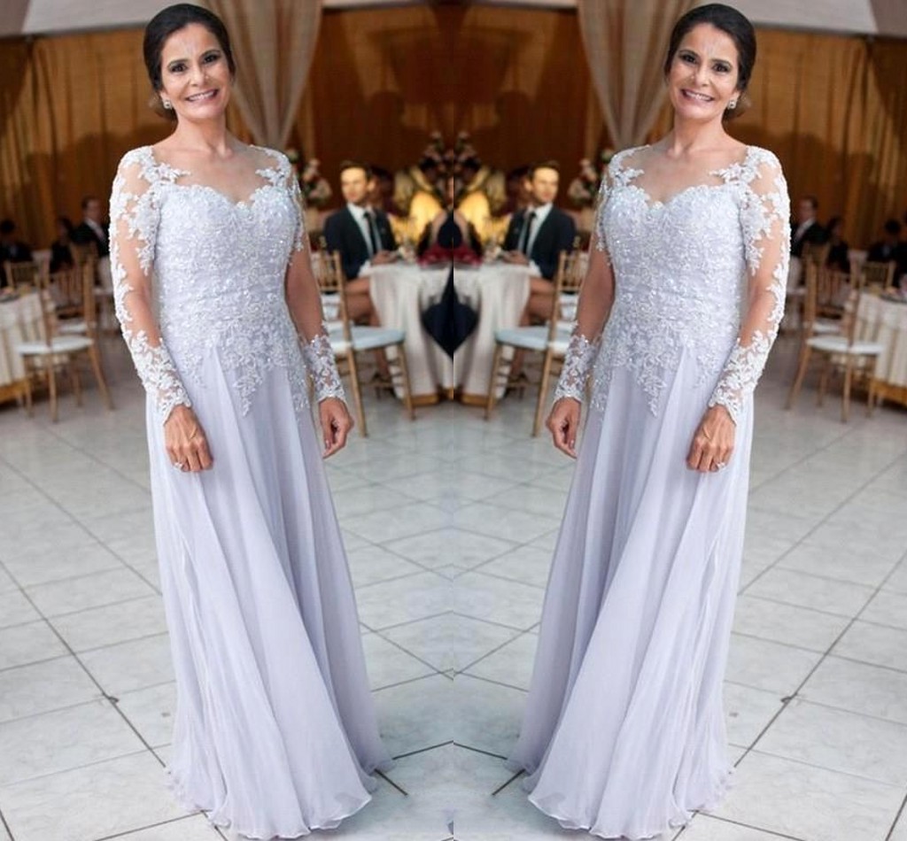 

Chiffon Long Mother Dresses For Weddings Lace Appliques Sequined Long Sleeves Mother of Bride Groom Dress Plus Size Mother Dresses BA9248