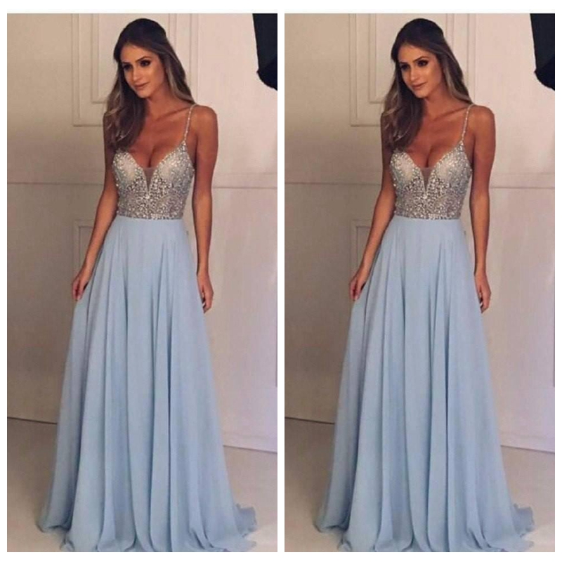 

Light Blue A Line Prom Dresses Long With Crystal Spaghetti Strap Chiffon Sweep Train Formal Evening Party Gowns Special Occasion Dress, Green