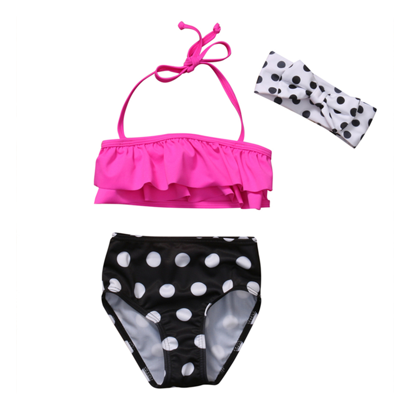 

Summer kids girls pink rruffles swimsuit dot swimwear with headband children split swimsuits girls Bikinis children beach boutique, As picture