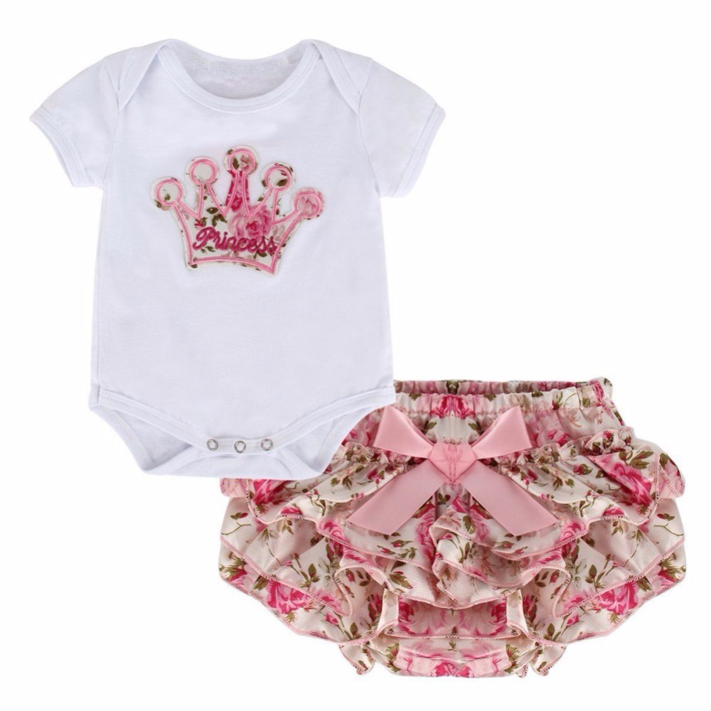 

newborn infant baby girls clothing set crown pattern romper bodysuit+printed tutu ruffle shorts pants outfits toddler suits clothing, Pink