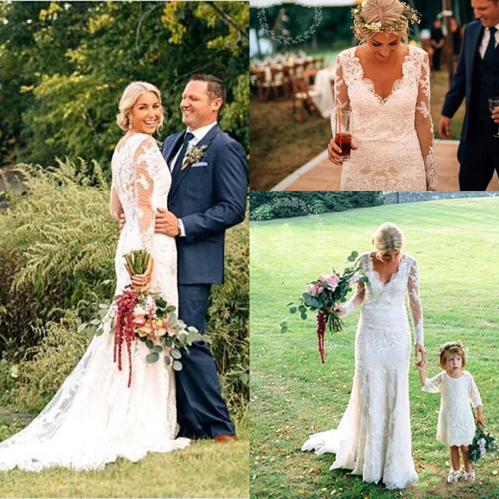 

Country Mermaid Lace Appliques Long Sleeves Wedding Dresses 2018 Cheap Vintage V Neck Sweep Train Vestido Boho Plus Size Wedding Bridal Gown, Ivory