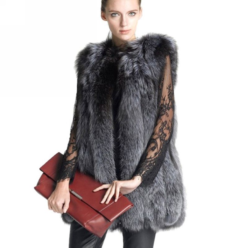 

Faux Fur Vest Women Winter Fake Fur Coats Luxury Faux Fur Gilet F0385 Mid Long Plus Size S-3XL, Gray