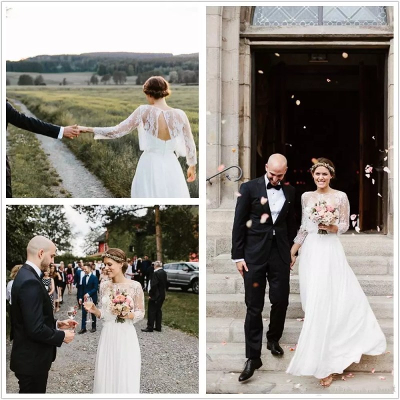 

2018 Boho Wedding Dresses Designed by Sarah Seven Vintage A Line Scoop Zipper Back with Detachable Jacket Long Sleeves Rustic Bridal Gowns, Champagne
