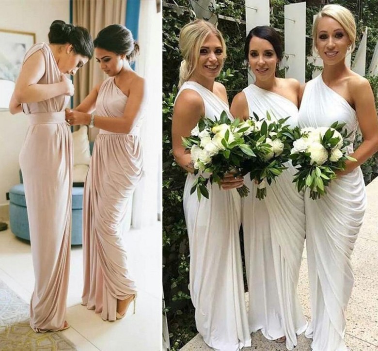 Cheap One Shoulder Champagne Bridesmaid Dresses Draped Satin Long Ivory Purple Party Dresses Maid Of Honor Split Wedding Guest Gowns