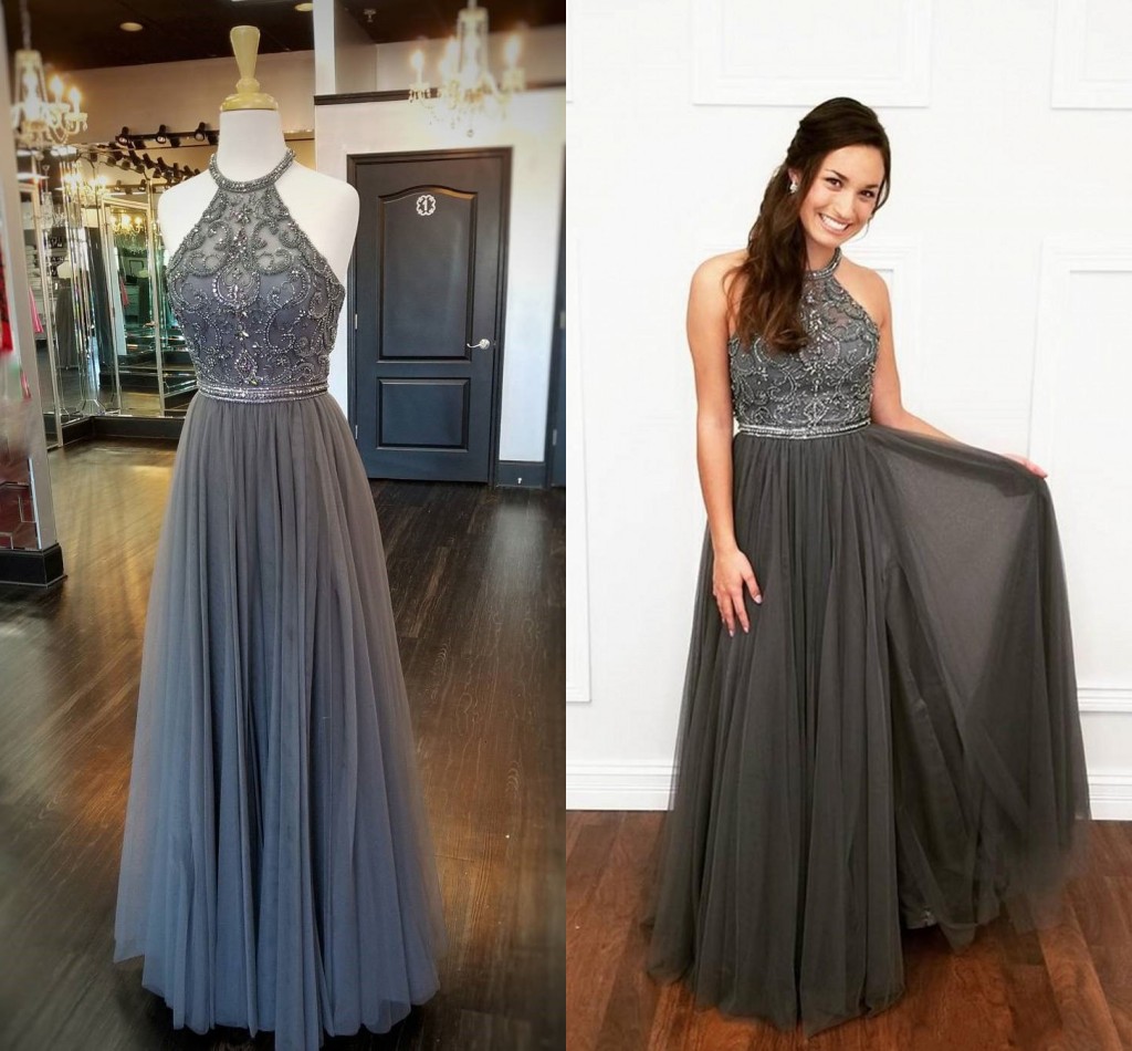 

Gorgeous Halter Gray Tulle Prom Dresses 2018 Beading Split Side Backless Evening Dresses Formal Gowns Floor Length, Champagne