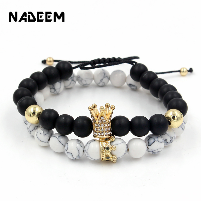 

2Pcs/Set Braiding Macrame Stone Beads Bracelets Sets For Micro Pave CZ Crown Charm Beads Bracelets for Women Men Jewellery Gift