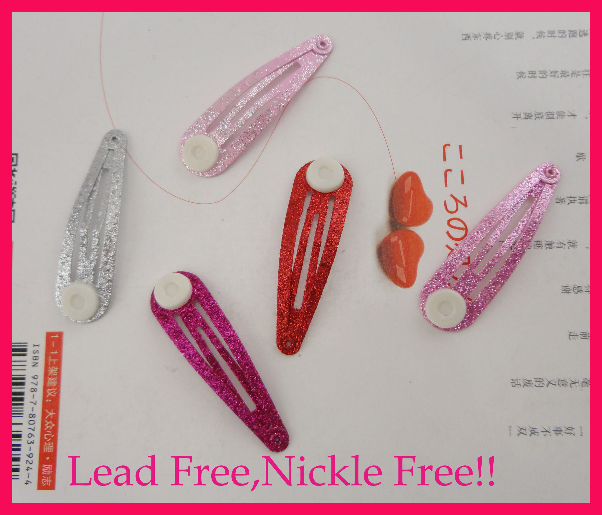 50PCS 5.0cm 2.0" Assorted Colors Glitter Finish Metal Snap Clips hairpins with pads at nickle free lead free,Bling bling hair clips pins-image-429912125