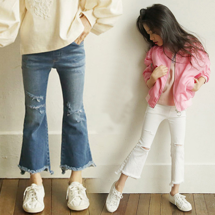 

Online Shopping Baby Girl Pants Elastic Boot Cut White Ripped Jeans Fashion Cropped Denim Flare Jeans 18032803, Blue as picture