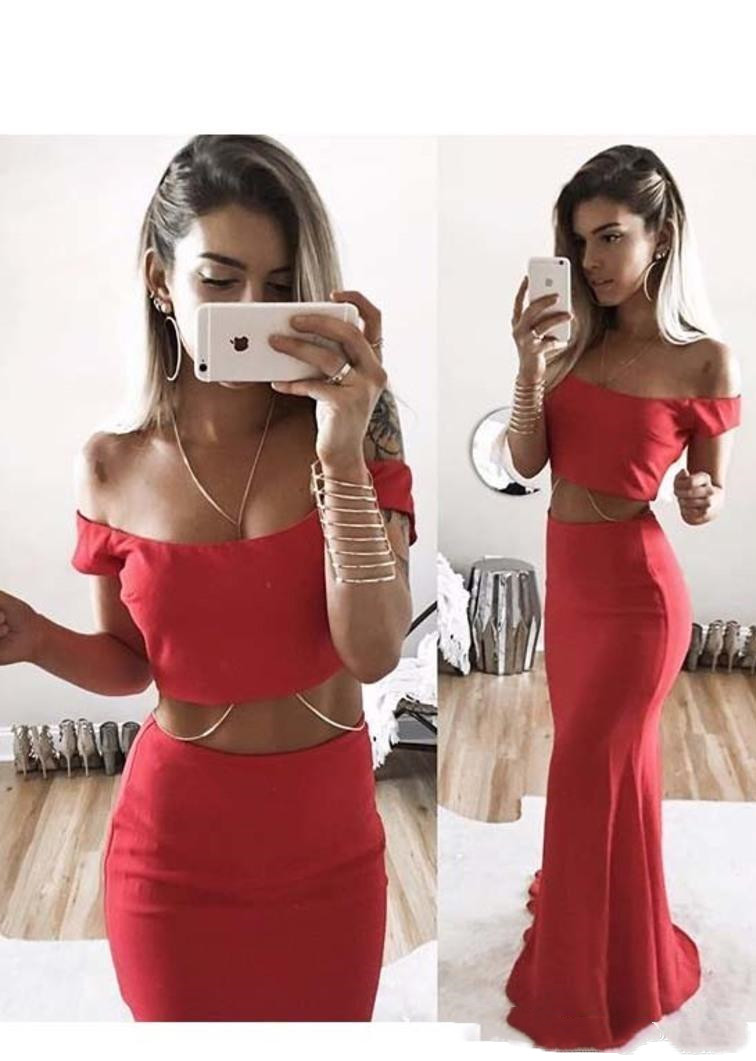 

Sexy Two Pieces Prom Dresses Bateau Short Sleeve Zipper Sweep Train Long Red Formal Dresses Party Evening Dresses Custom Made, White