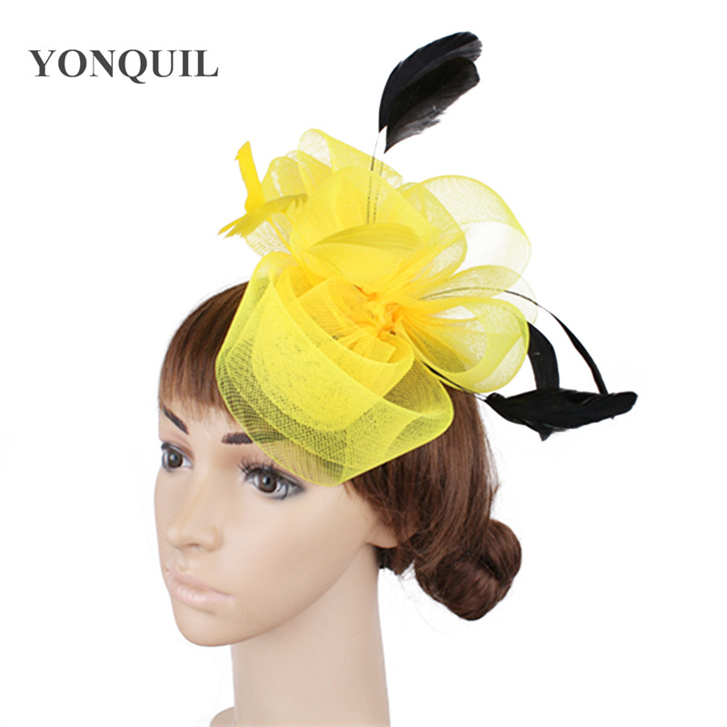 

Classical color crinoline fascinator headwear feather colorful mesh race show hair accessories millinery cocktail hat MYQ054