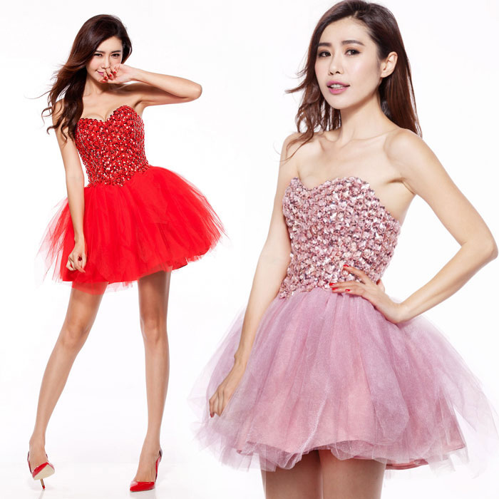 

Sparkling Short Prom Dresses Shining Top Red Party Dress Evening Gowns Lace-up Back Pleats Tulle Ball Gown Short Prom Dress