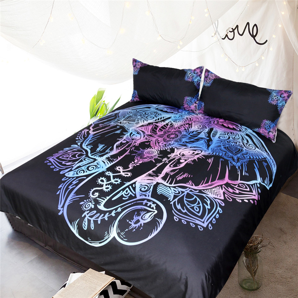 Glowing Elephant Bedding Set Paisley Indian Lotus Flowers
