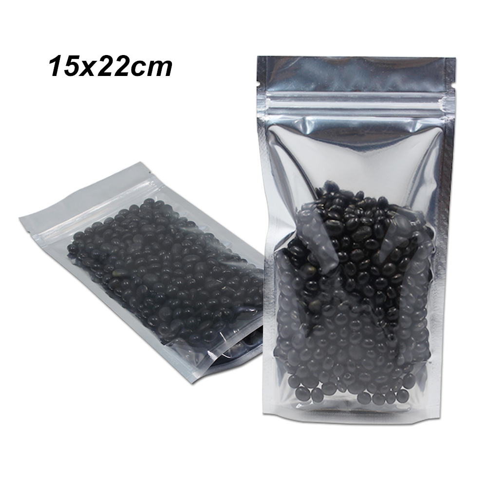 

50Pcs 15x22cm Clear /Silver Stand Up Foil Aluminum Food Storage Bags Mylar Foil Recycled Leakproof Pouches Heat Seal Zipper Packing