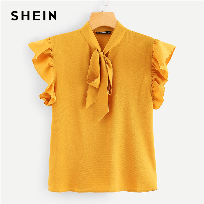 

SHEIN Mustard Elegant Office Lady Flounce Shoulder Tied Neck Floral Solid Ruffle Blouse 2018 Summer Women Tops And Blouses